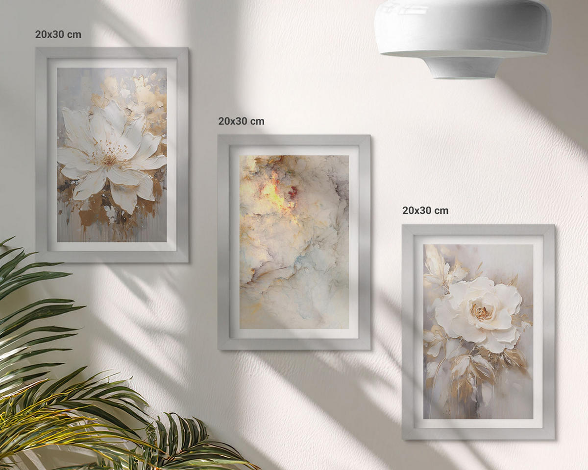 BILDER SET 3er Set - 20x30 cm Silberner Rahmen - Blumen heller abstrakter Hintergrund - Silberfarben, Kunststoff (20/30cm) - TULUP