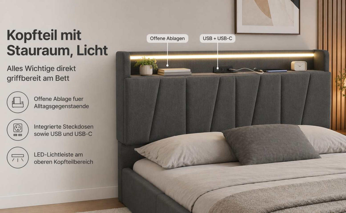 POLSTERBETT 140/200 cm grau mit Stauraum-Kopfteil und LED-Beleuchtung - Grau, Textil (140/200cm) - OKWISH