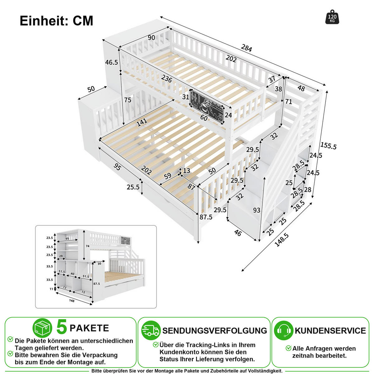 ETAGENBETT 90/200 cm & 140/200 cm in Weiß mit Treppe, Schubladen und Tafelfläche - Weiß, Holz (140/200cm) - CHICFURN