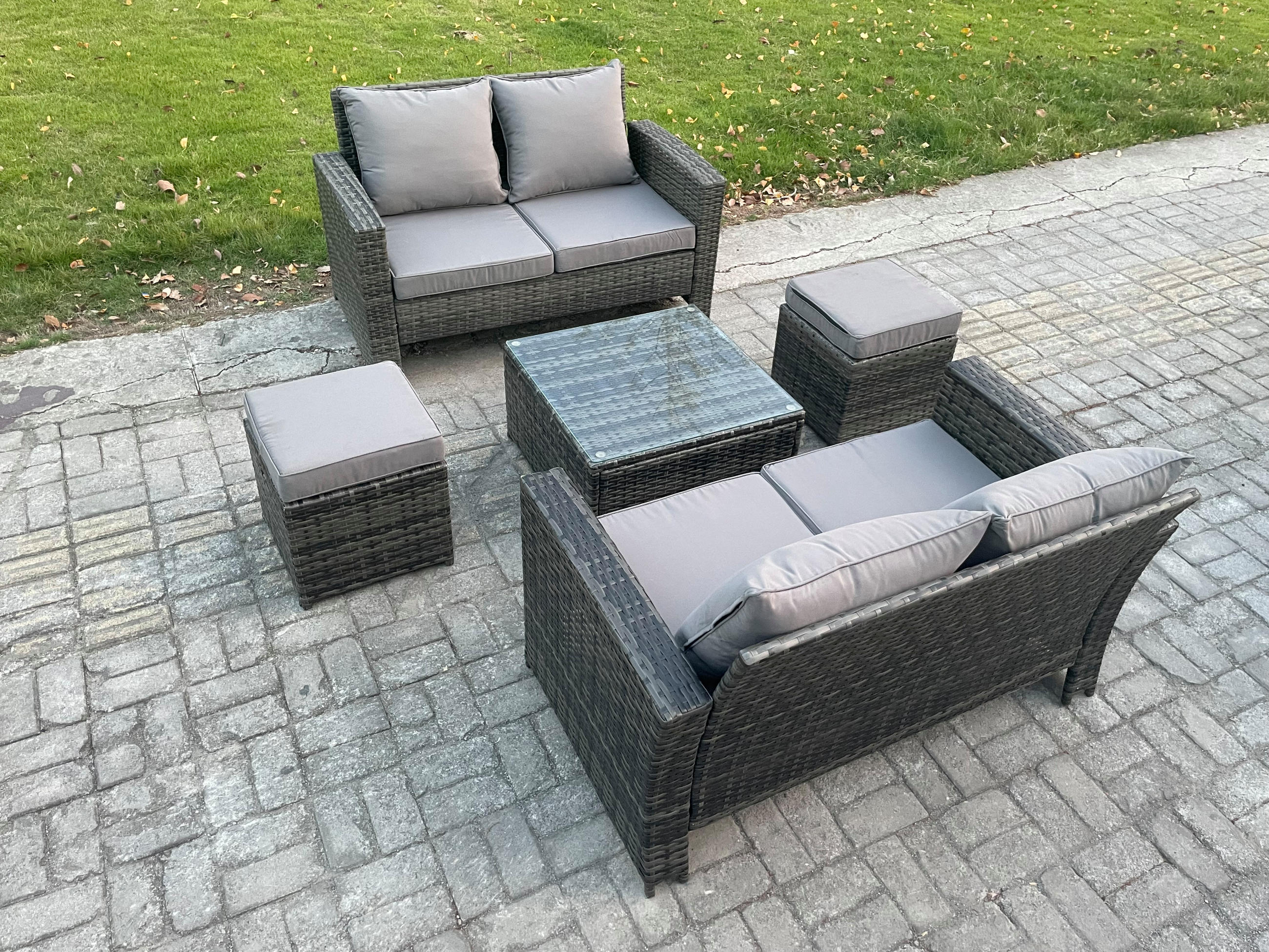 GARTENMÖBEL-SET mit Kissen Polyrattan Dunkelgrau 7-Sitzer - Dunkelgrau, Metall - Fimous