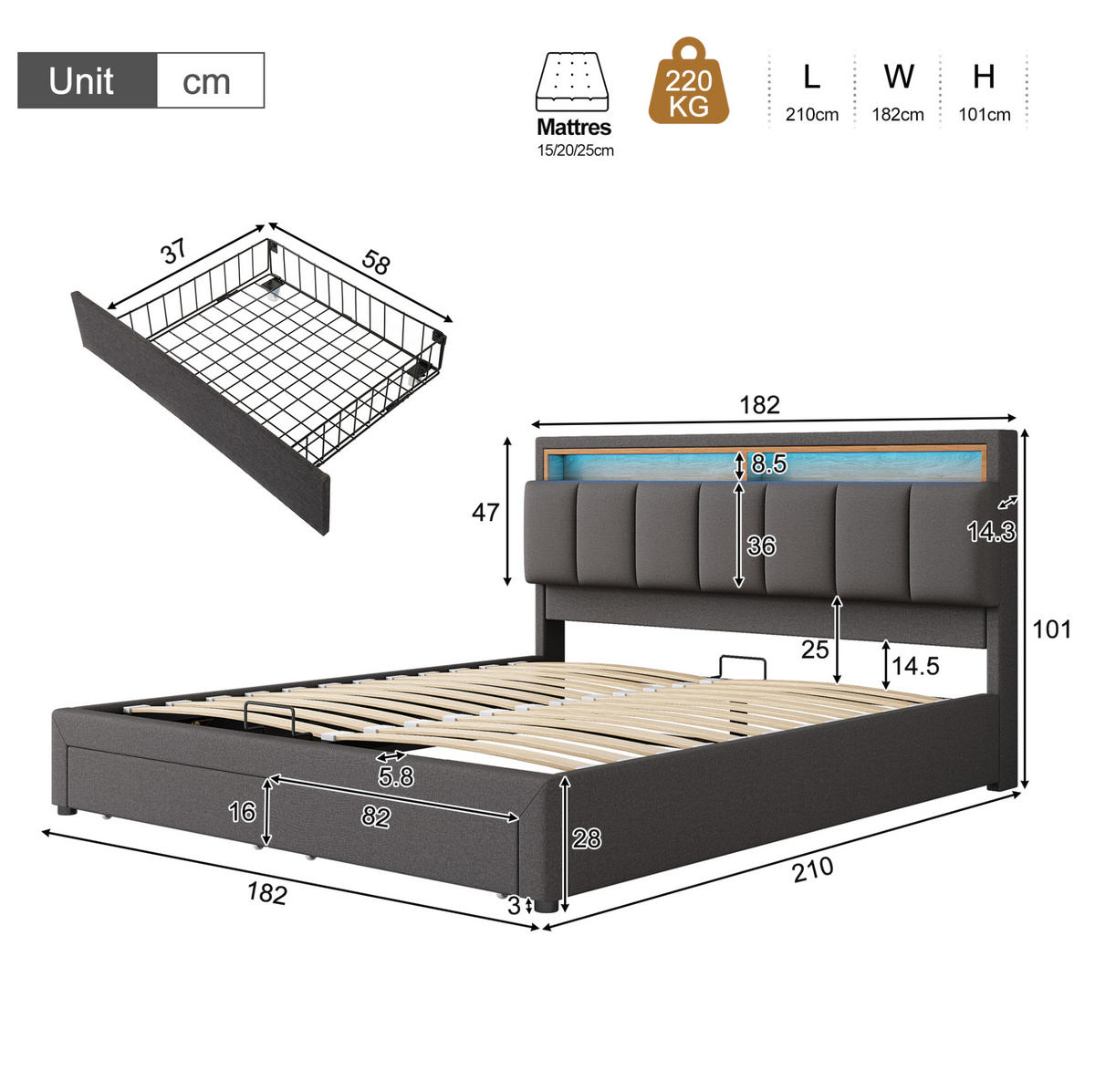 POLSTERBETT 180/200 cm mit LED-Beleuchtung, Lattenrost und Bettkasten, Dunkelgrau - Dunkelgrau, Textil (180/200cm) - Redom