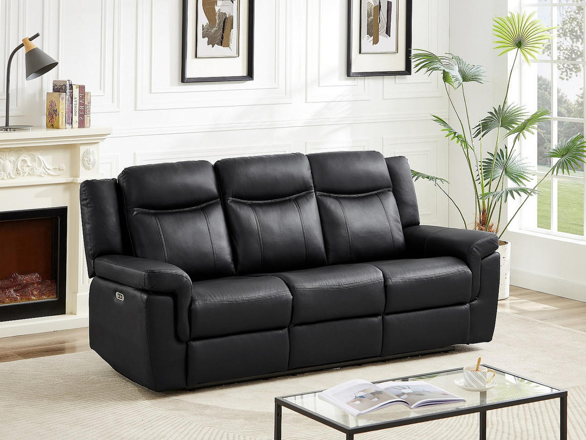 RELAXSOFA elektrisch 3-Sitzer - Leder - Schwarz - mit Getränkehalter - KENNETH - Schwarz, Leder (204/98/93cm) - Vente-Unique