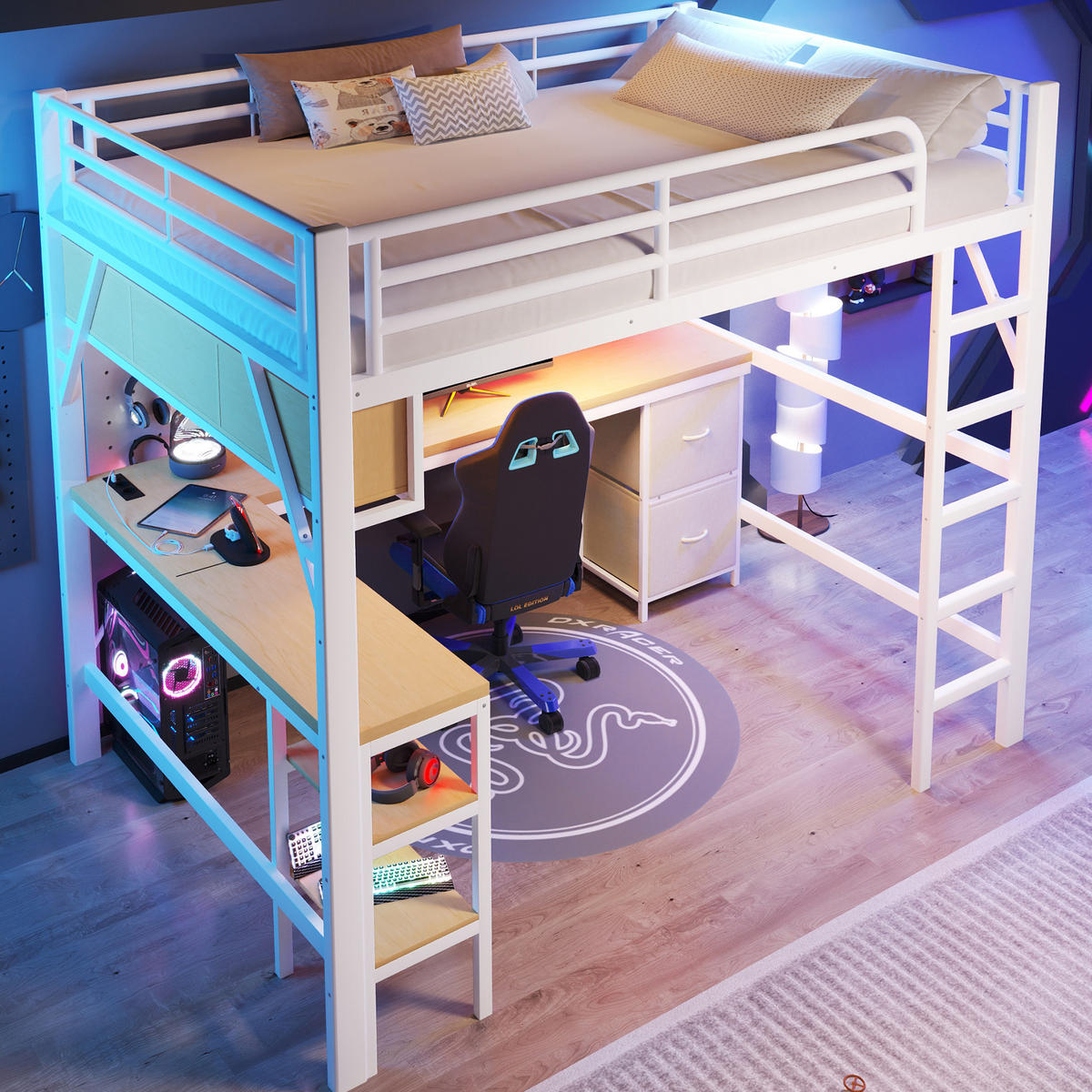 HOCHBETT aus Metall und MDF 140x200 cm Weiß mit Schreibtisch, Regal, Schrank, USB und LED-Beleuchtung - Weiß, Holzwerkstoff (140/200cm) - Modfu