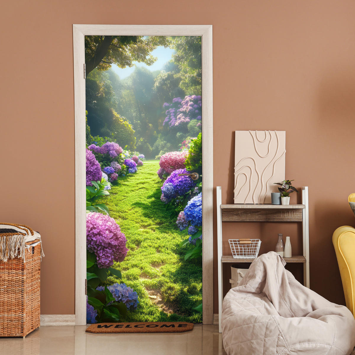 FOTOTAPETE Tür - Natur - Hortensie - Blumen - Grün 80x205 cm - Hellgrün, Kunststoff (80/0.1cm) - MuchoWow