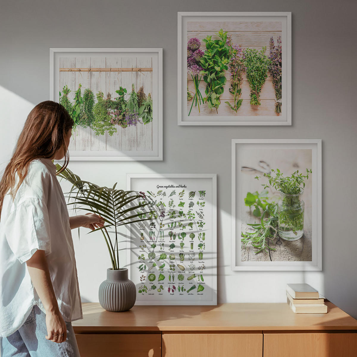 BILDER SET 4er Set - 50x50 cm & 40x60 cm Weißer Rahmen - Getrocknete Kräuter für die Küche - Weiß, Kunststoff (50/50cm) - TULUP