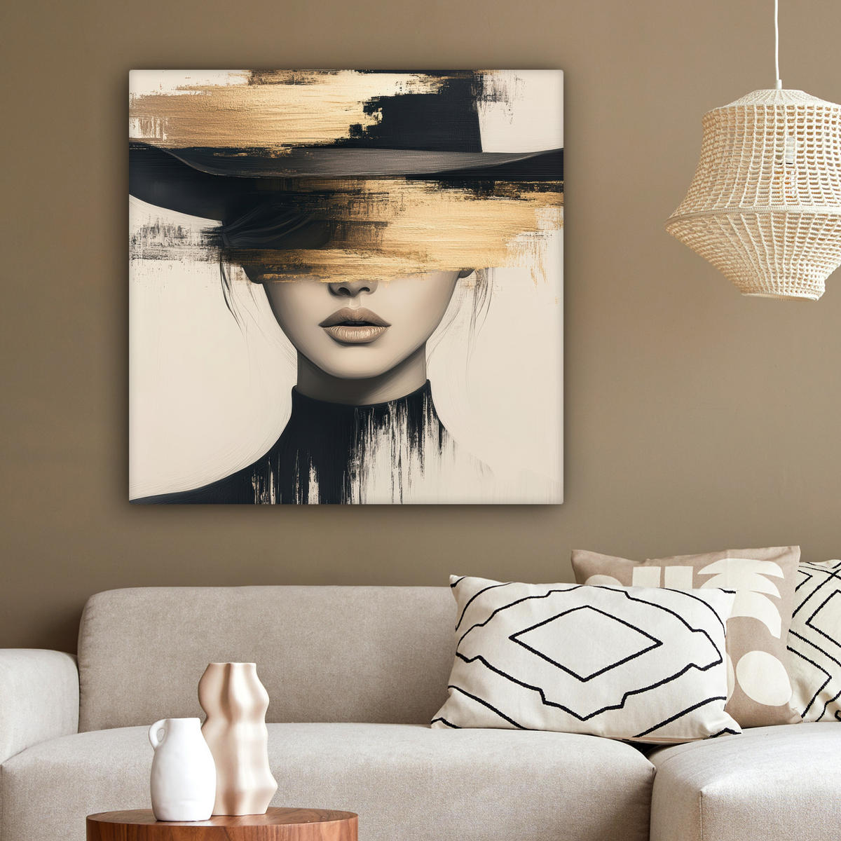 LEINWANDBILD Frau - Hut - Farbe 90x90 cm - Goldfarben, Textil (90/90cm) - MuchoWow