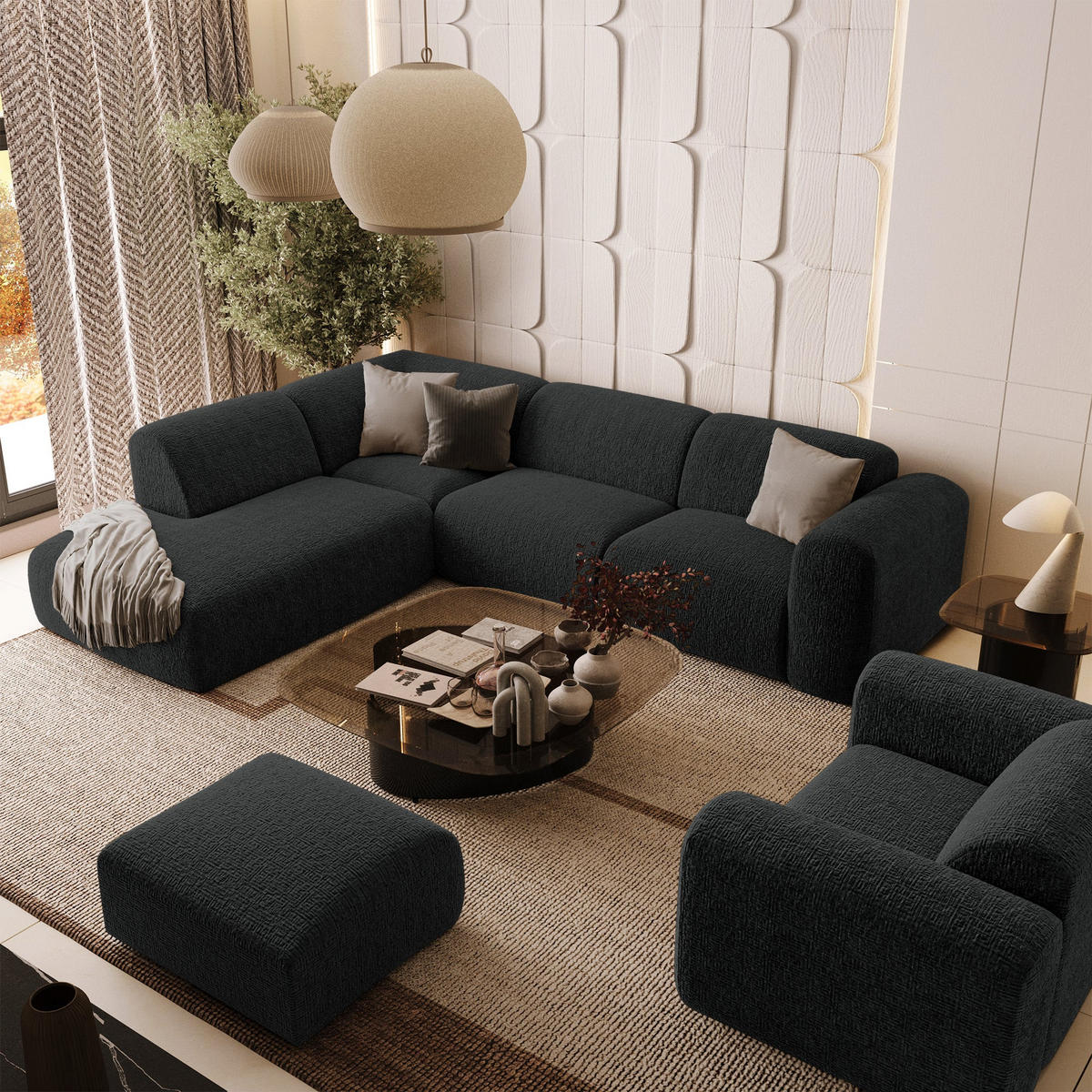 ECKSOFA LINKS Gemusterter Samt Schwarz 269cm - Schwarz, Textil (221/269cm) - Sia Home