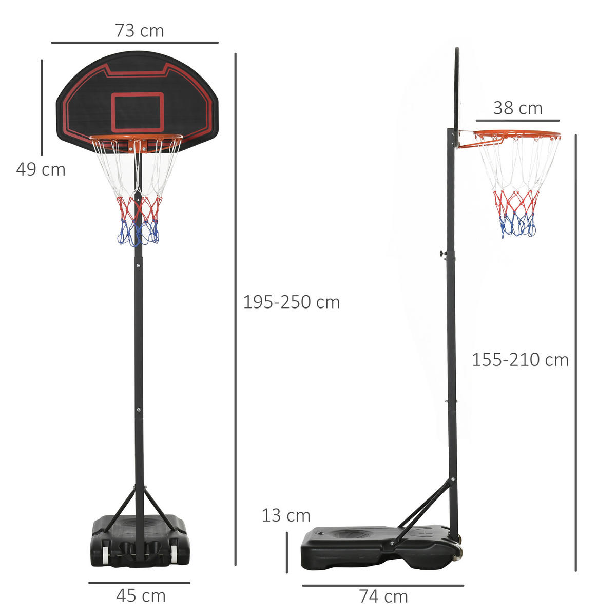 BASKETBALLKORB, Stahl, Schwarz, 73L x 49B x 250H cm - Schwarz, Metall (49/131cm) - HOMCOM