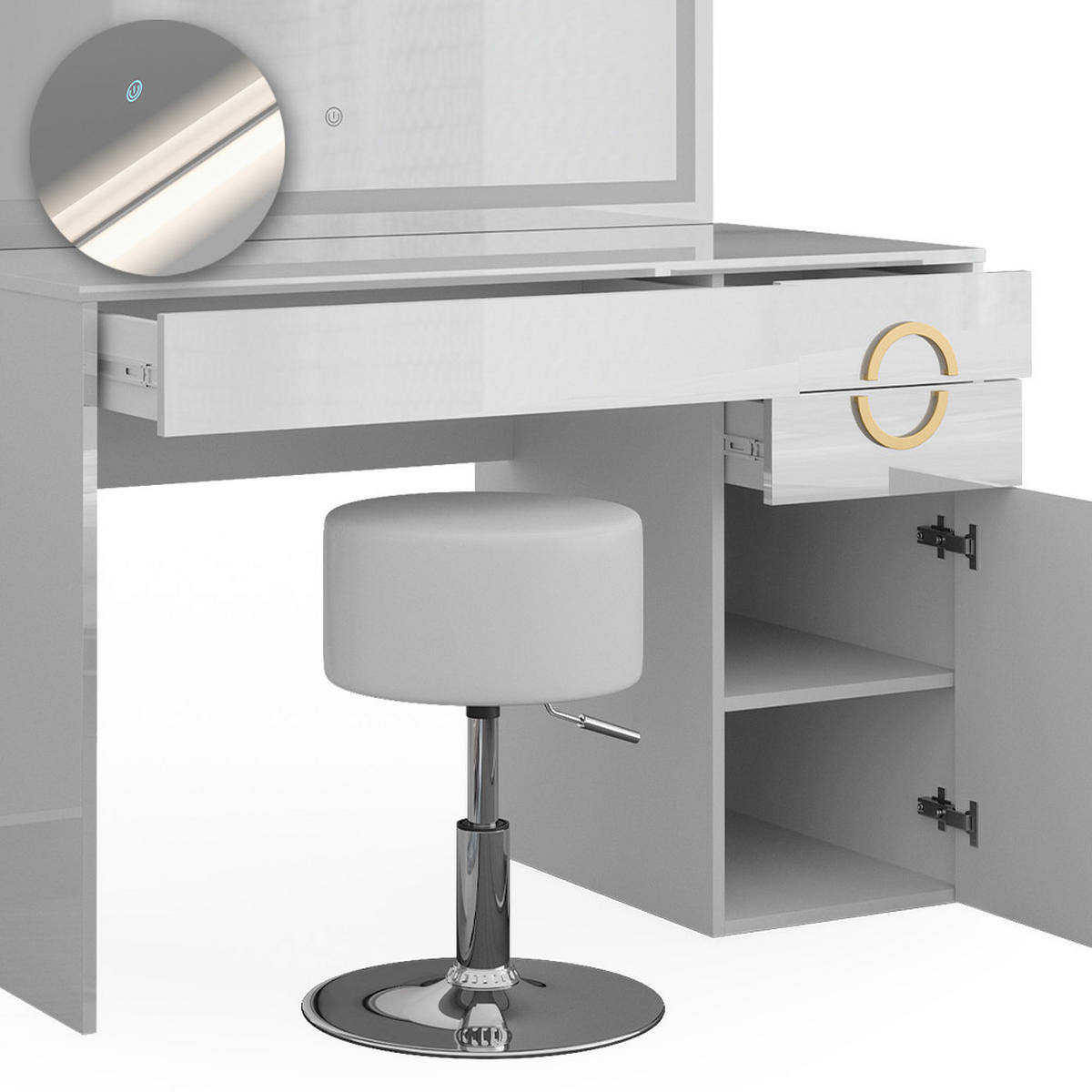 SCHMINKTISCH Adela Weiß 115 cm mit LED Spiegel und Hocker - Weiß, Holzwerkstoff (115/76.4/55cm) - Vicco