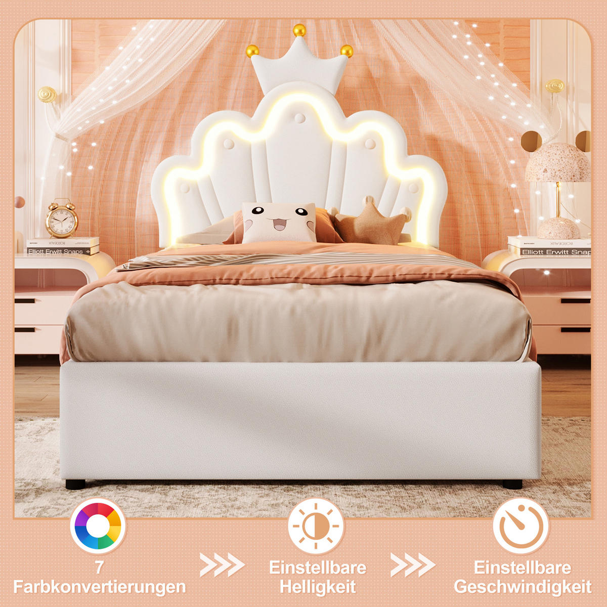 KINDERBETT 90/200 cm Weiß mit hydraulischem Hebemechanismus und LED-Lichtband - Weiß, Leder (90/200cm) - OKWISH