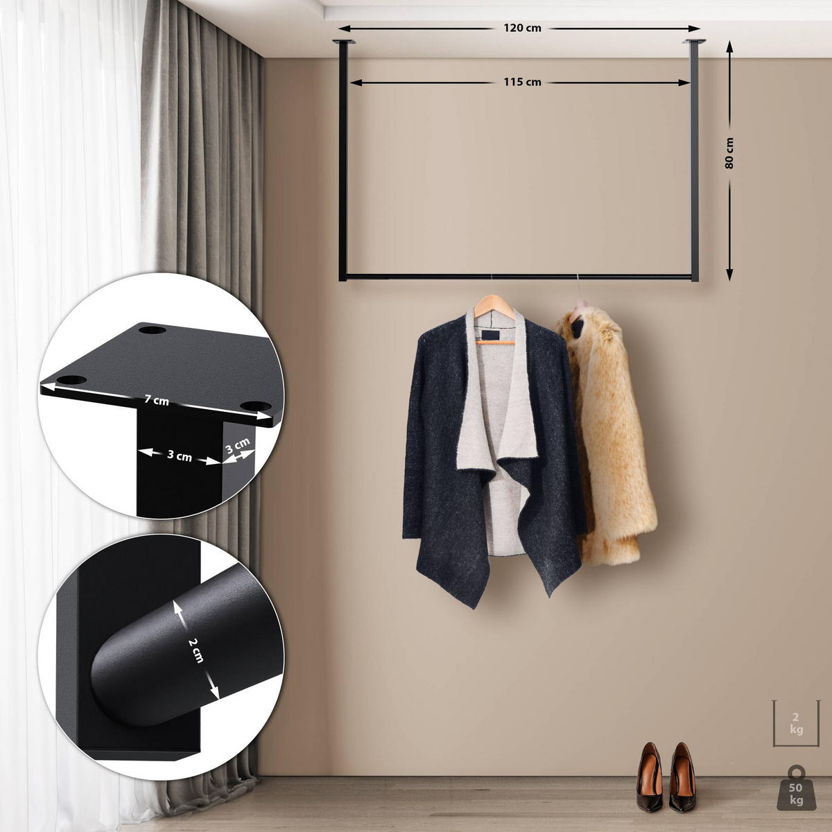 KLEIDERSTANGE 150x38x120 cm-edelstahl-Metall - Schwarz, Metall (7cm) - CLP