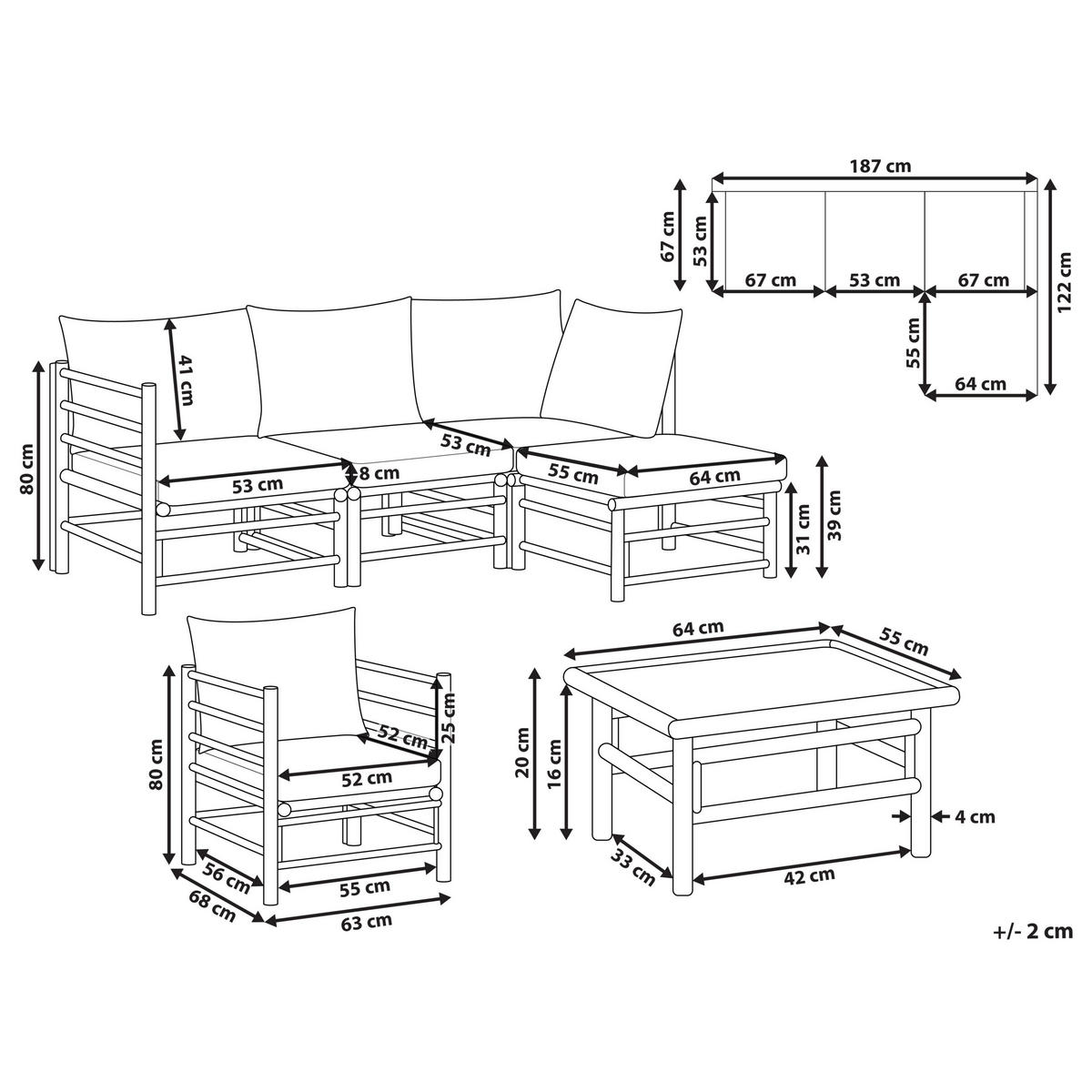 LOUNGE SET 5-Sitzer Bambusholz hellbraun 4-teilig Auflagen taupe Cerreto - Taupe, Holz - Beliani