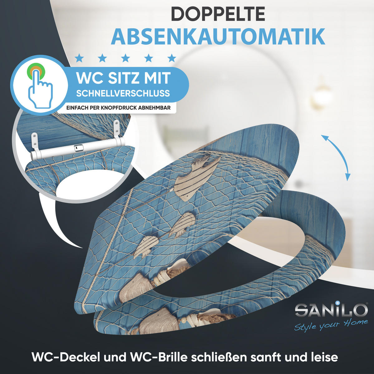 WC-SITZ mit Absenkautomatik & Top Fix Seefahrt - Blau, Holzwerkstoff (37.7/5.5/48cm) - Sanilo