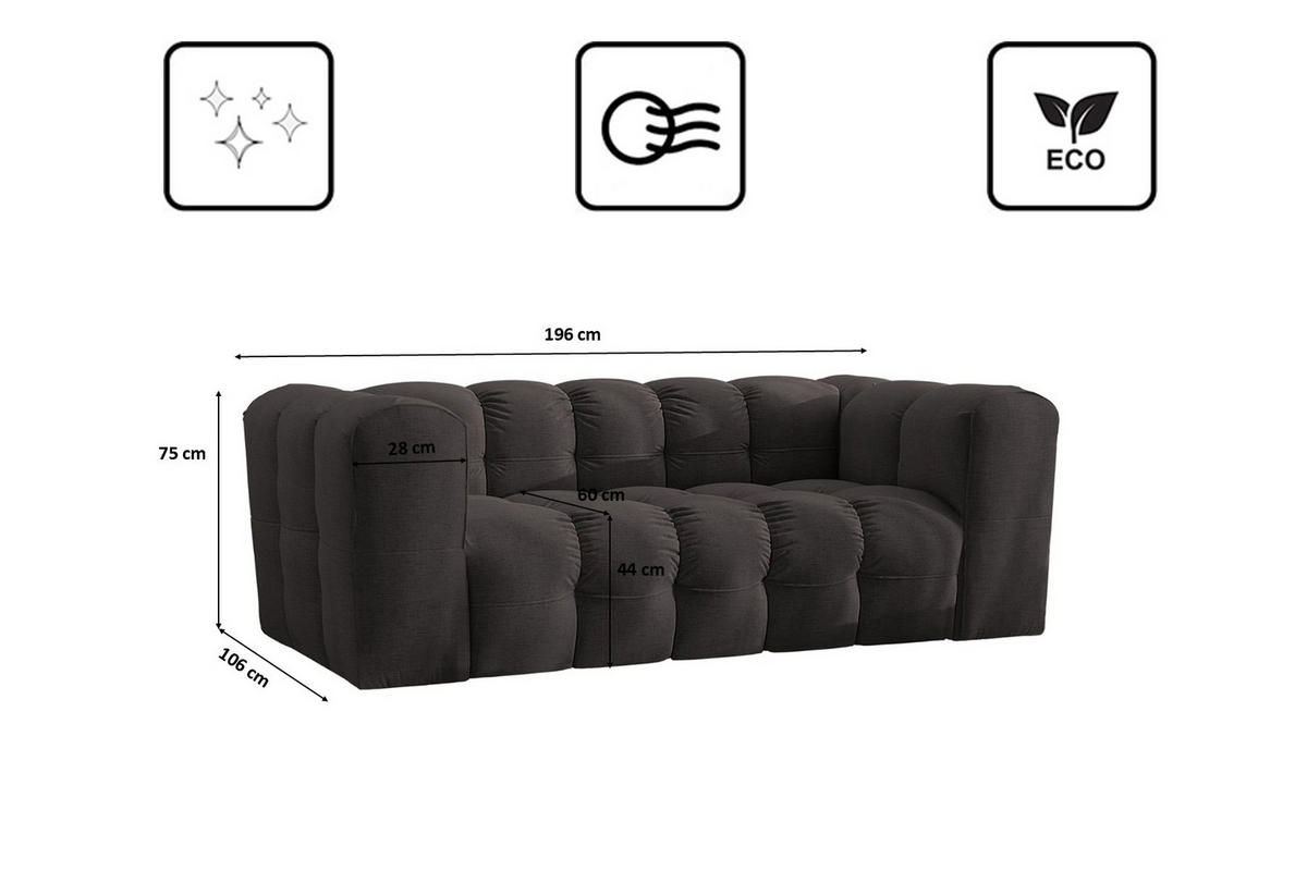 SOFA 2-Sitzer, Komfort, BALOO, Stoff Schenille, Schwarz - Schwarz, Holz (196/75/106cm) - Kaiser Möbel