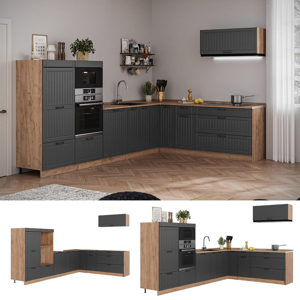 KUHINJA U OBLIKU SLOVA L Fame-Line, Tamnosiva/Hrast zlatnog tona, 327 x 227 cm, RP Hrast - hrast medunac/tamno siva, drvni materijal (327/153.6/60cm) - Vicco