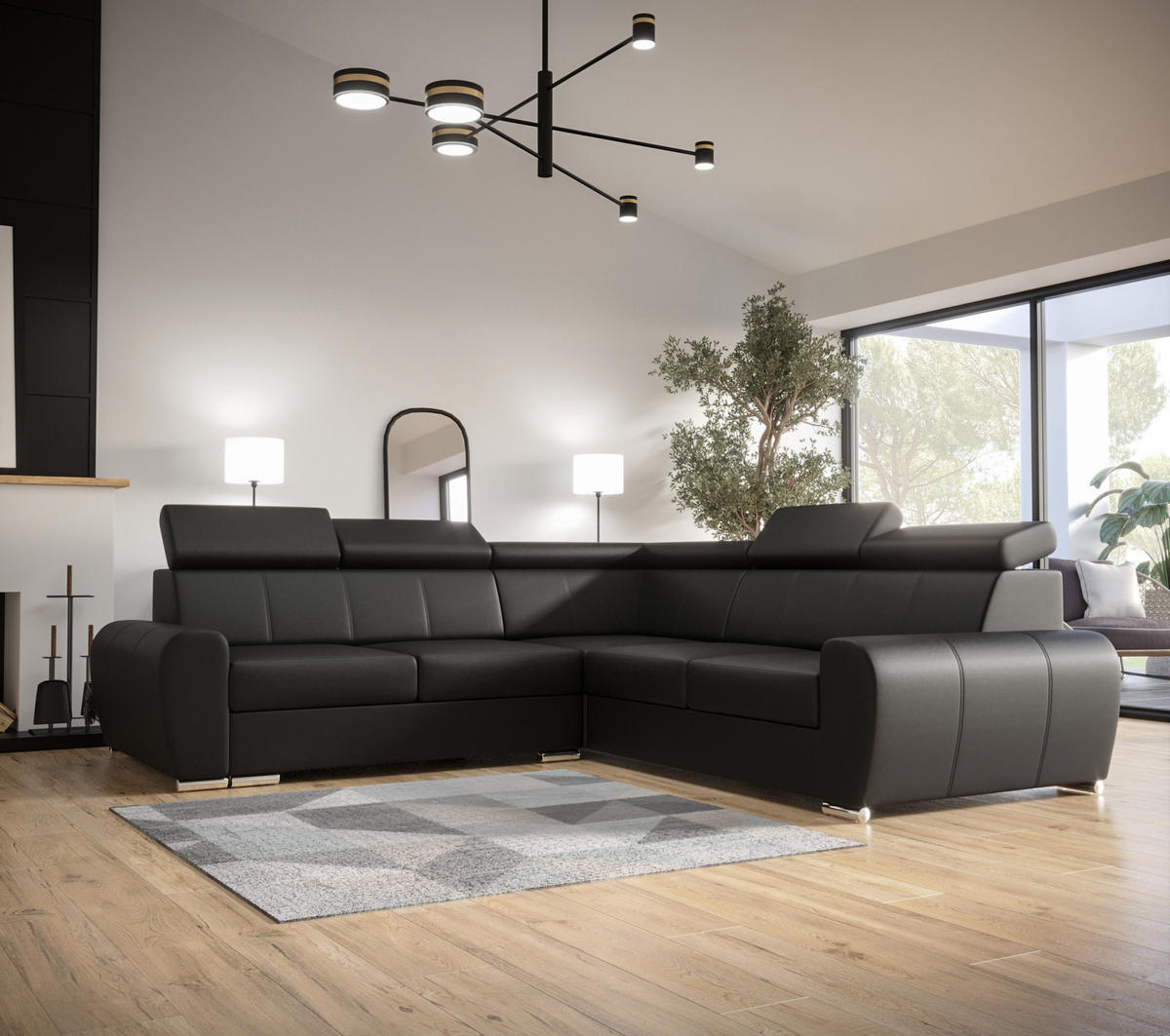 ECKSOFA APOLLO KN09, Eckcouch in L-Form mit Schlaffunktion, Farbe: Schwarz, Kunstleder, Ottomane Rechts - Dunkelgrau, Textil (255/255cm) - O-Sofa