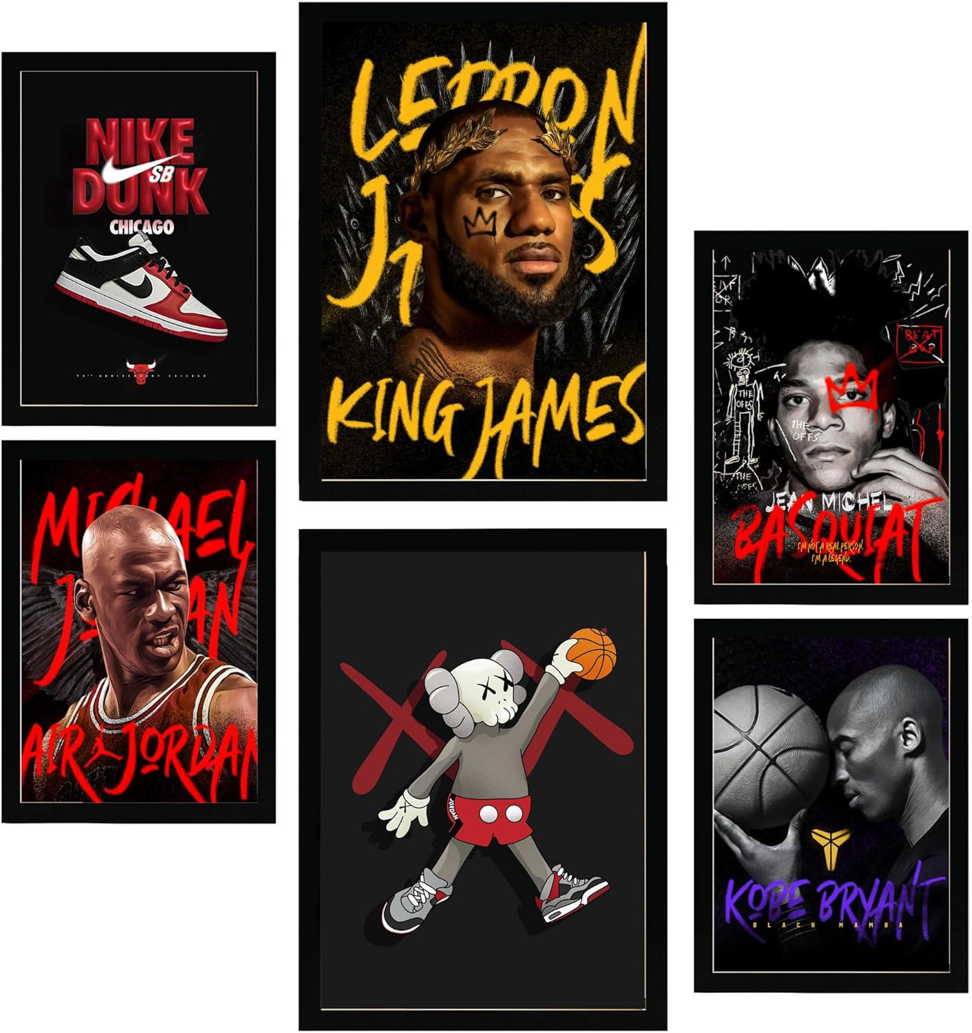 POSTER Set Mit 6 Grafiti Pop King James Jordan Nike Basquiat Kobie A3 & A4 Schwarzer Rahmen - Schwarz, Papier (29/3/42cm) - Nacnic