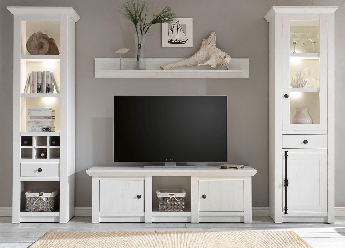 WOHNWAND weiß Pinie Landhaus, Schrankwand 4-teilig 293 x 207 cm - Anthrazit/Weiß, Holzwerkstoff/Metall (63/207/45cm) - Furn.Design