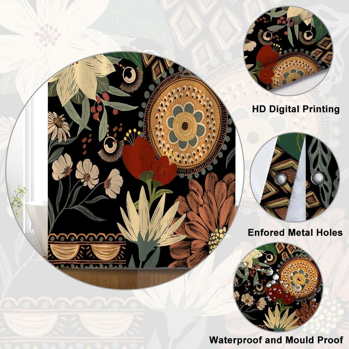 DUSCHVORHANG Boho Blumen Muster Badewanne schimmelresistent wasserdicht - Multicolor, Textil (180/180cm) - MCBOSON