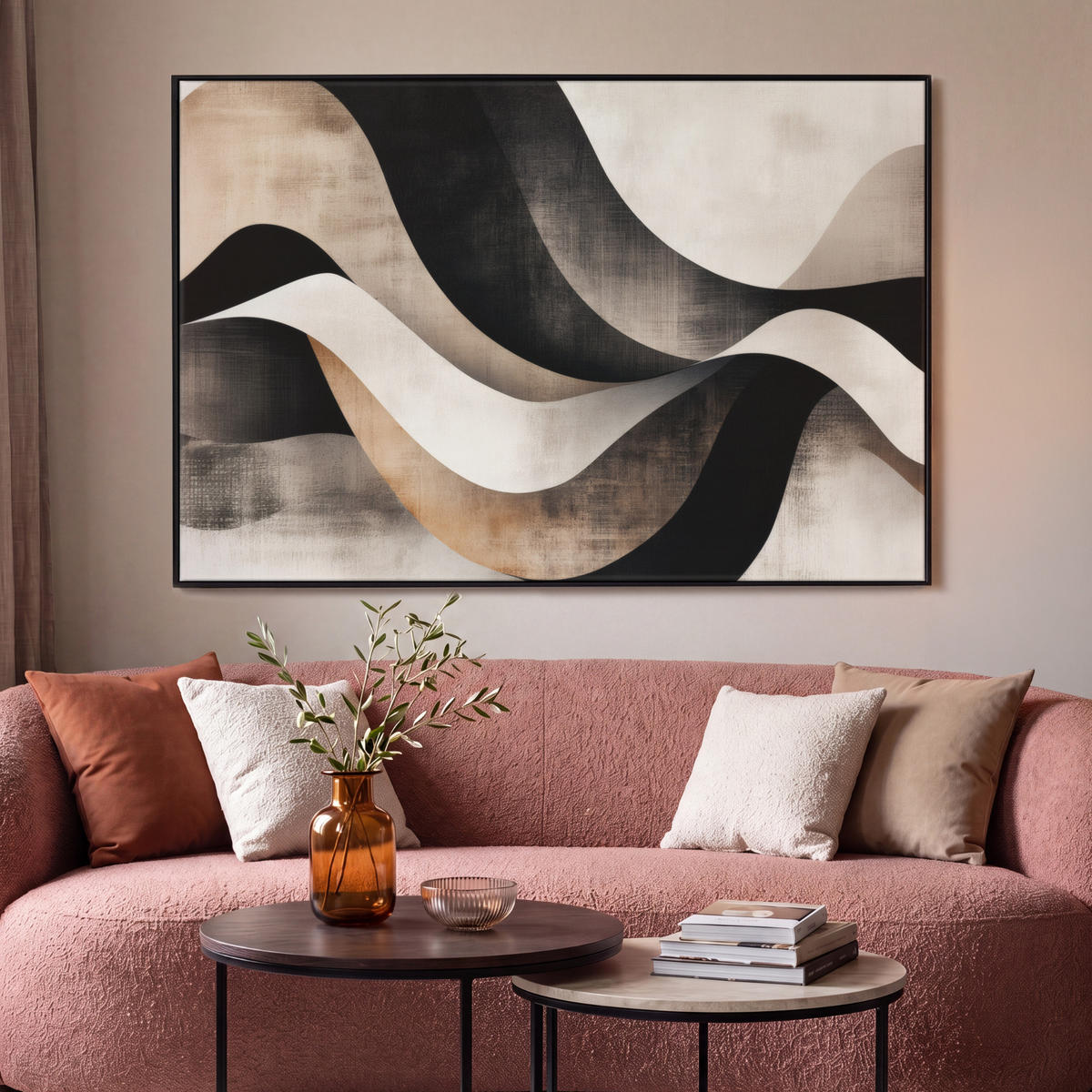 LEINWAND Bilder mit Rahmen - Abstrakt - Wellen - Schwarz - Verwittert - 140x90 - Trüffeleichefarben, Textil (140/90cm) - MuchoWow
