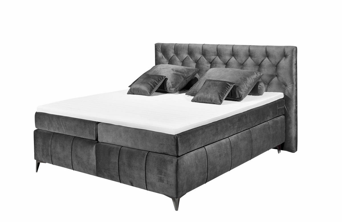 BOXSPRINGBETT 180 x 200 cm – 7‑Zonen-Tonnentaschen-Federkernmatratze, HR‑30 Topper, Samtoptik - Blau/Dunkelgrau, Kunststoff/Textil (180/200cm) - ed exciting design