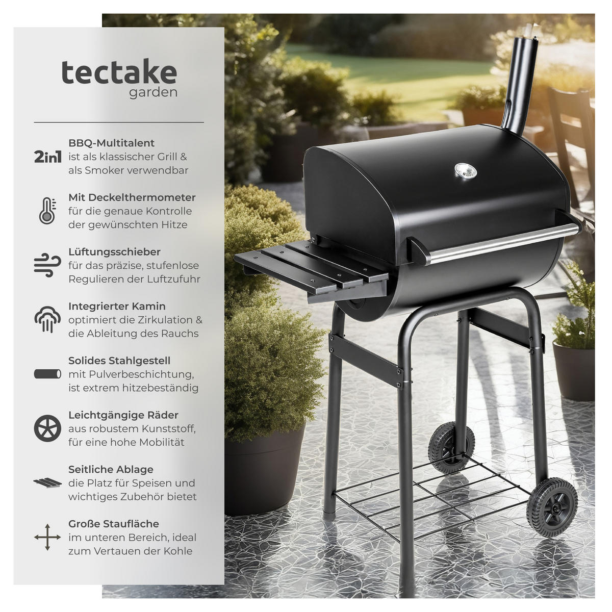HOLZKOHLEGRILL ,85 x 48 x 123 cm,schwarz - Schwarz, Metall (48/123/85cm) - tectake