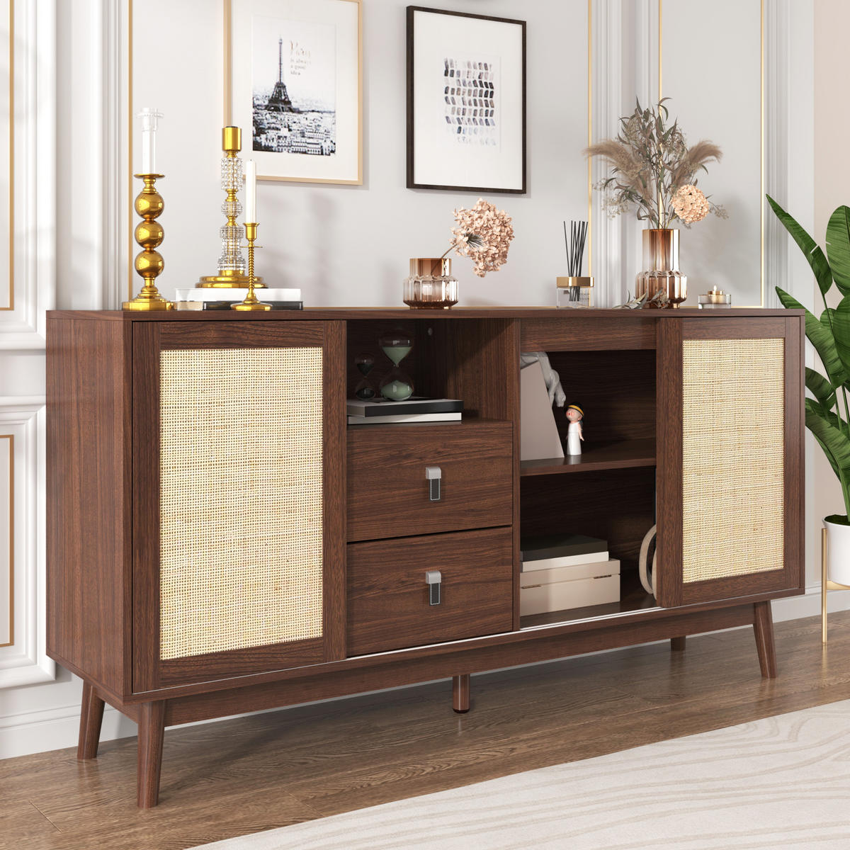 SIDEBOARD 155x38x80 cm Rattan, 3 Schiebetüren, 2 Schubladen, Massivholzfüße, Modern - Braun, Holz (155/80/38cm) - PARAFTA HOME