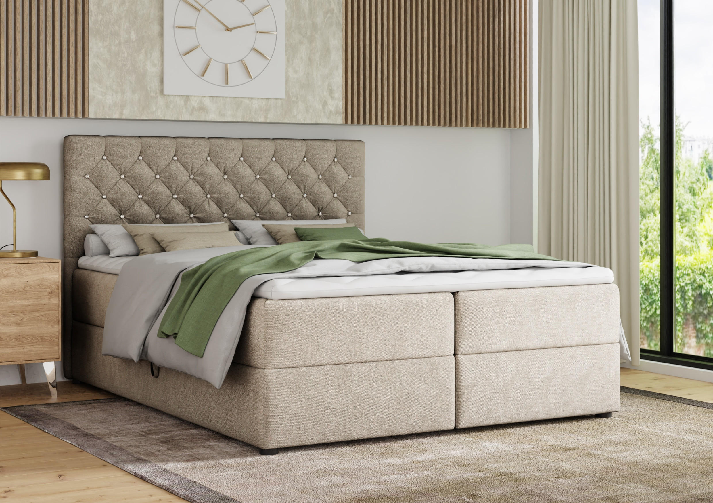 BOXBETT BEST 200/200 Velours Beige mit Taschen-Federkernmatratzen 7 Zonen H4 - Beige, Holz/Holzwerkstoff (200/200cm) - Deine Möbel 24