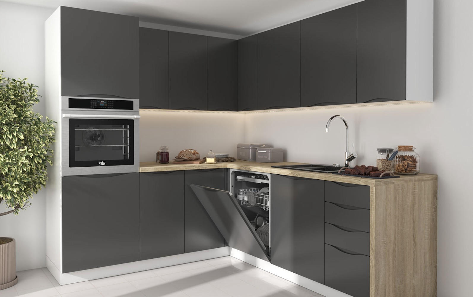 WINKELKÜCHE Napoli weiß matt / RAL 7012 basaltgrau (K5), Arbeitsplatte Eiche Sonoma 228/ 205 / 207cm 11-teilig - Braun/Grau, Holzwerkstoff (232/207/205cm) - Feldmann-Wohnen