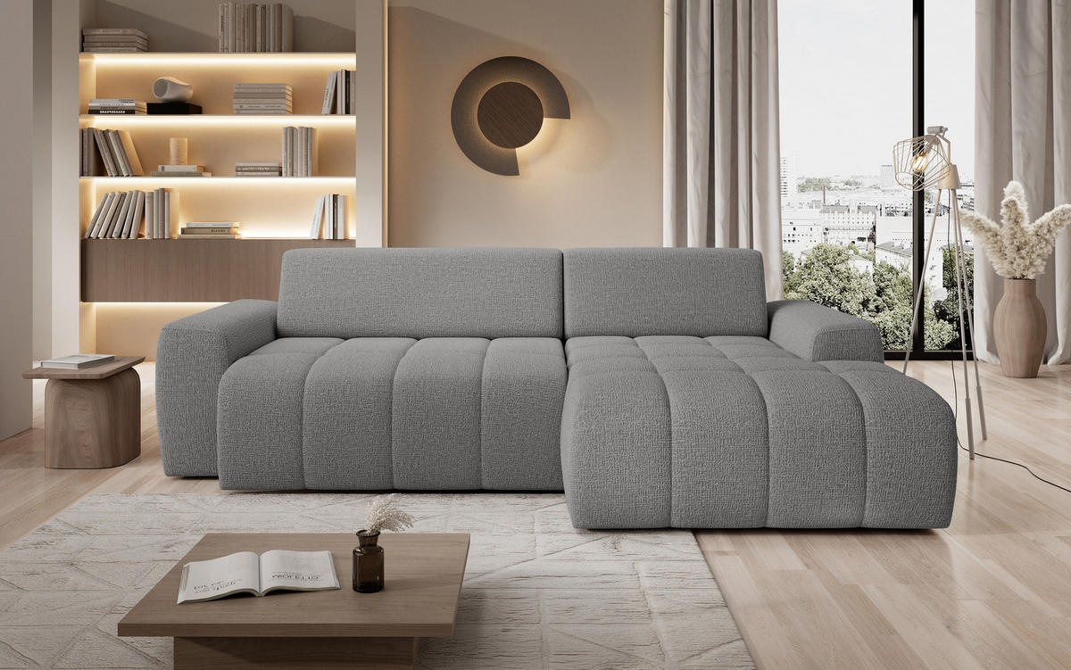 ECKSOFA Savio Freistehend, mit Abriebfestem Kansas-Stoff, Maße 265x172x81 cm, Ausziehbare Sitzfläche 206x92 cm, Rechte, – Hellgrau - Hellgrau, Holz/Textil (265/172cm) - DomoHome