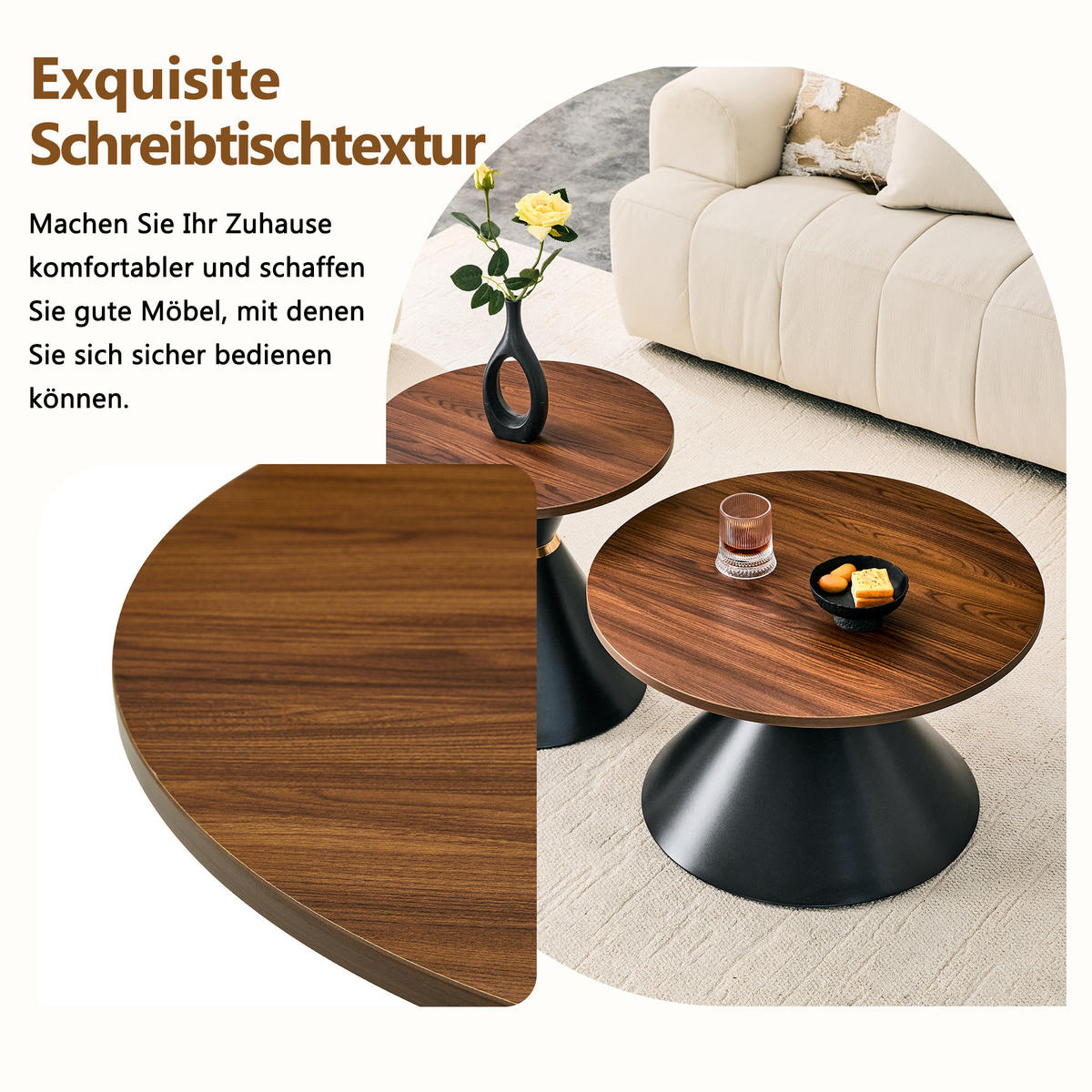 KONFERENČNÍ STOLEK sada 2 ks v dekoru ořechu a černé, kuželový design - barva vlašského ořechu, kov (70/70/42.5cm) - Urban Meuble