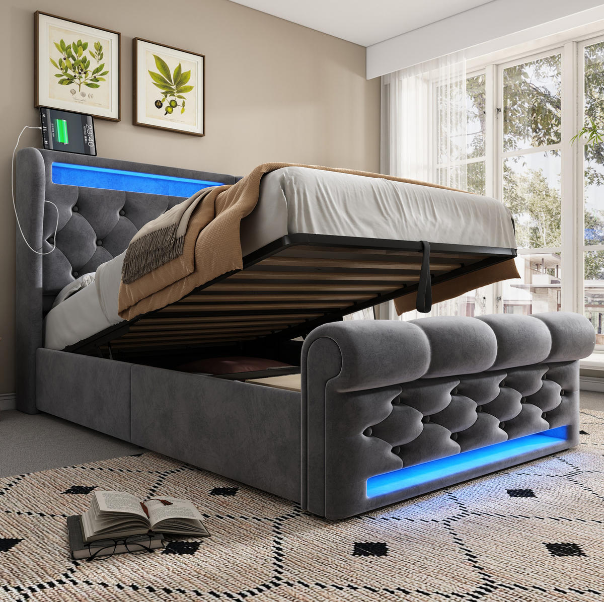 SAMT-POLSTERBETT 90/200 cm mit LED-Beleuchtung, Bettkasten und USB-C in Grau - Grau, Textil (90/200cm) - BEAOK