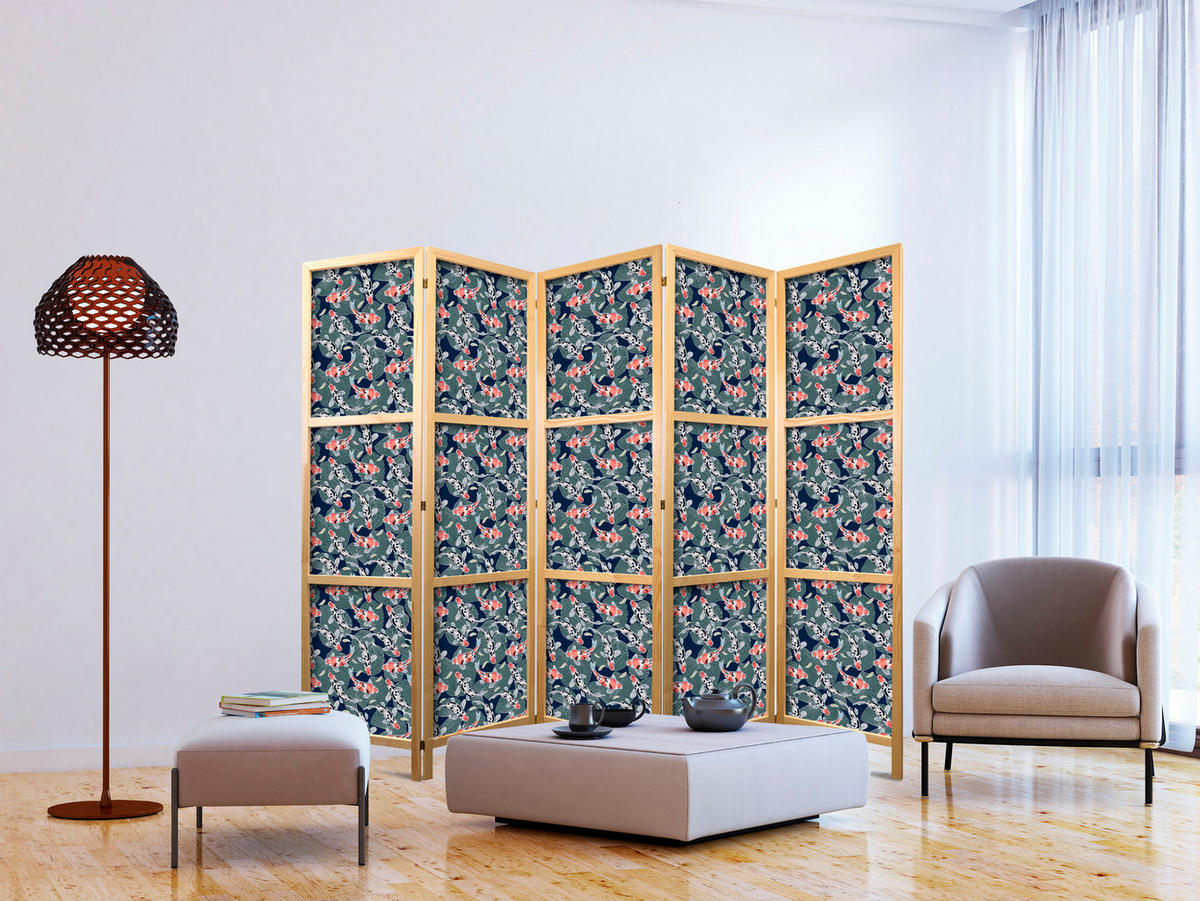 PARAVENT Japanischer 5-tlg 225x172 cm Koi-Fische - Blau, Holz/Textil (225/172/3cm) - Muralo