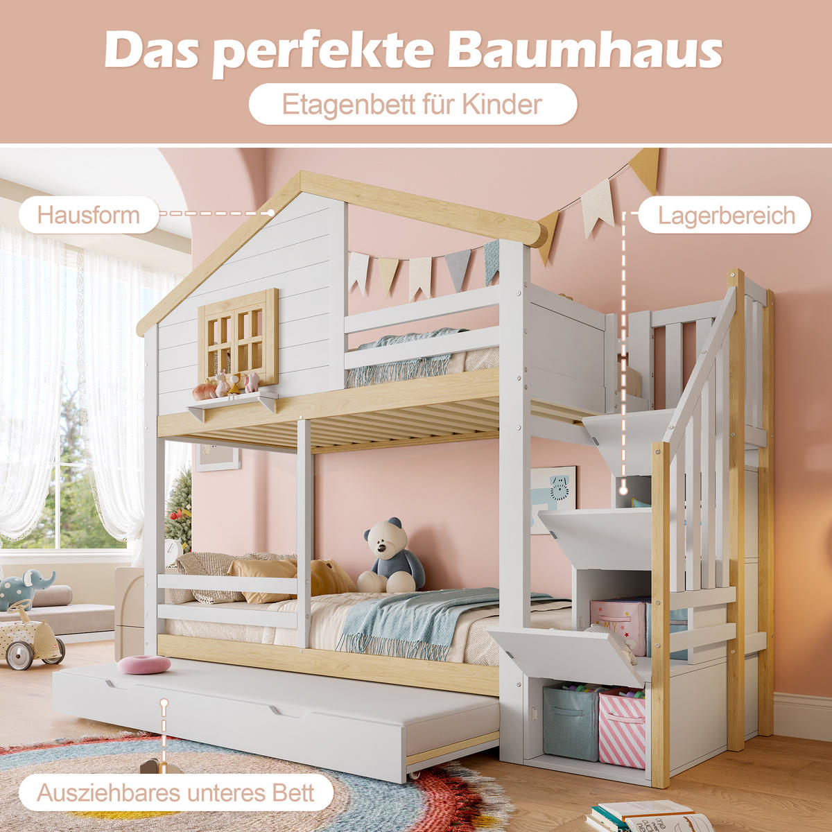ETAGENBETT 90x200cm Weiß + Natur Ausziehbett Stauraumleiter Fenster - Multicolor, Holz (90/200cm) - FLIEKS