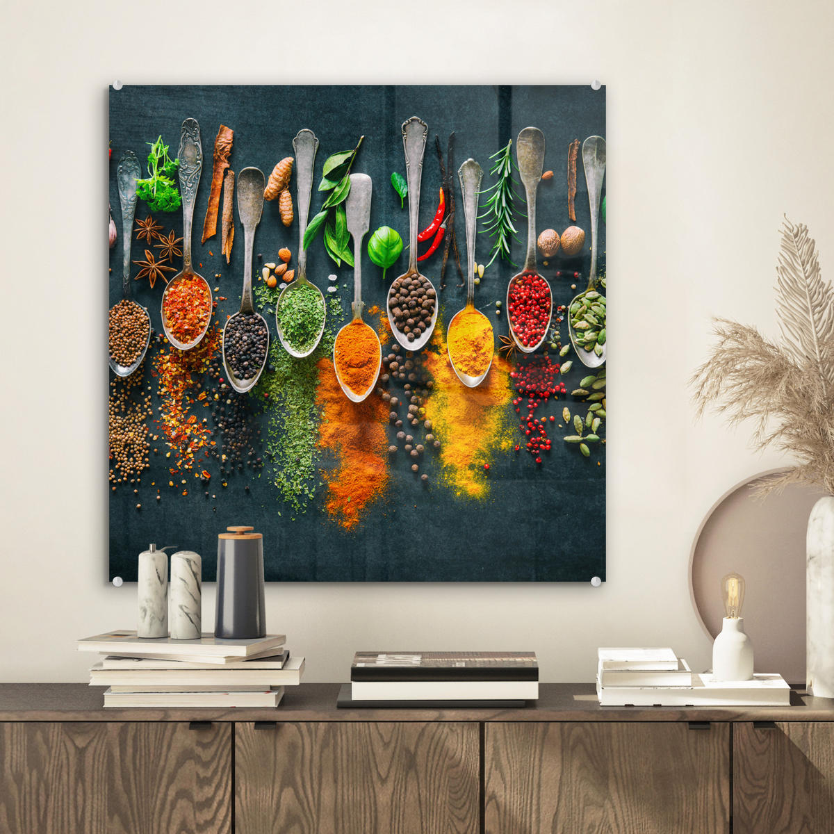 OBRAZ NA AKRYLOVOM SKLE Bylinky - korenie - lyžičky 50x50 cm - kari žltá, sklo (50/50cm) - MuchoWow