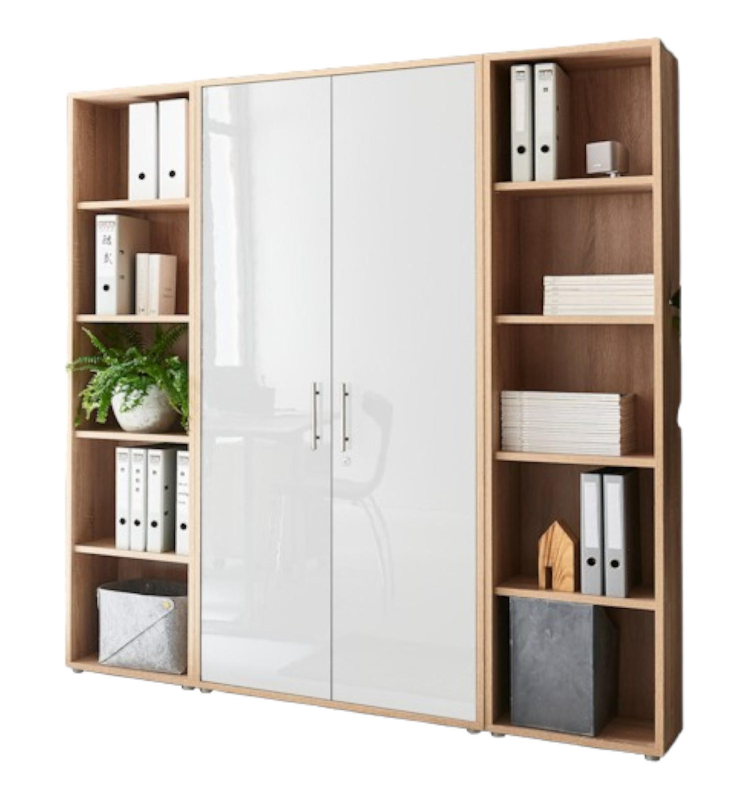 BÜROMÖBELSET 3-tlg. Sonoma Eiche / weiß Hochglanz - Eichefarben/Weiß Hochglanz, Holz/Metall (172/185/33cm)