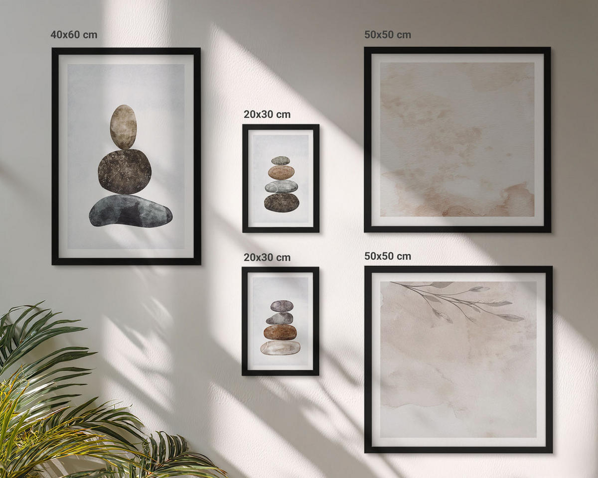BILDER SET 5er Set - 50x50 cm & 20x30 cm & 40x60 cm Schwarzer Rahmen - Steinstapel-Boho-Malerei - Schwarz, Kunststoff (40/60cm) - TULUP