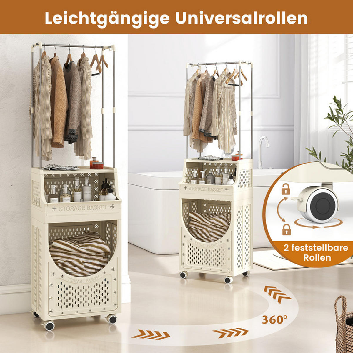 WÄSCHEKORBWAGEN mit Kleiderstange beige - Beige, Kunststoff (40/136/30cm) - COSTWAY