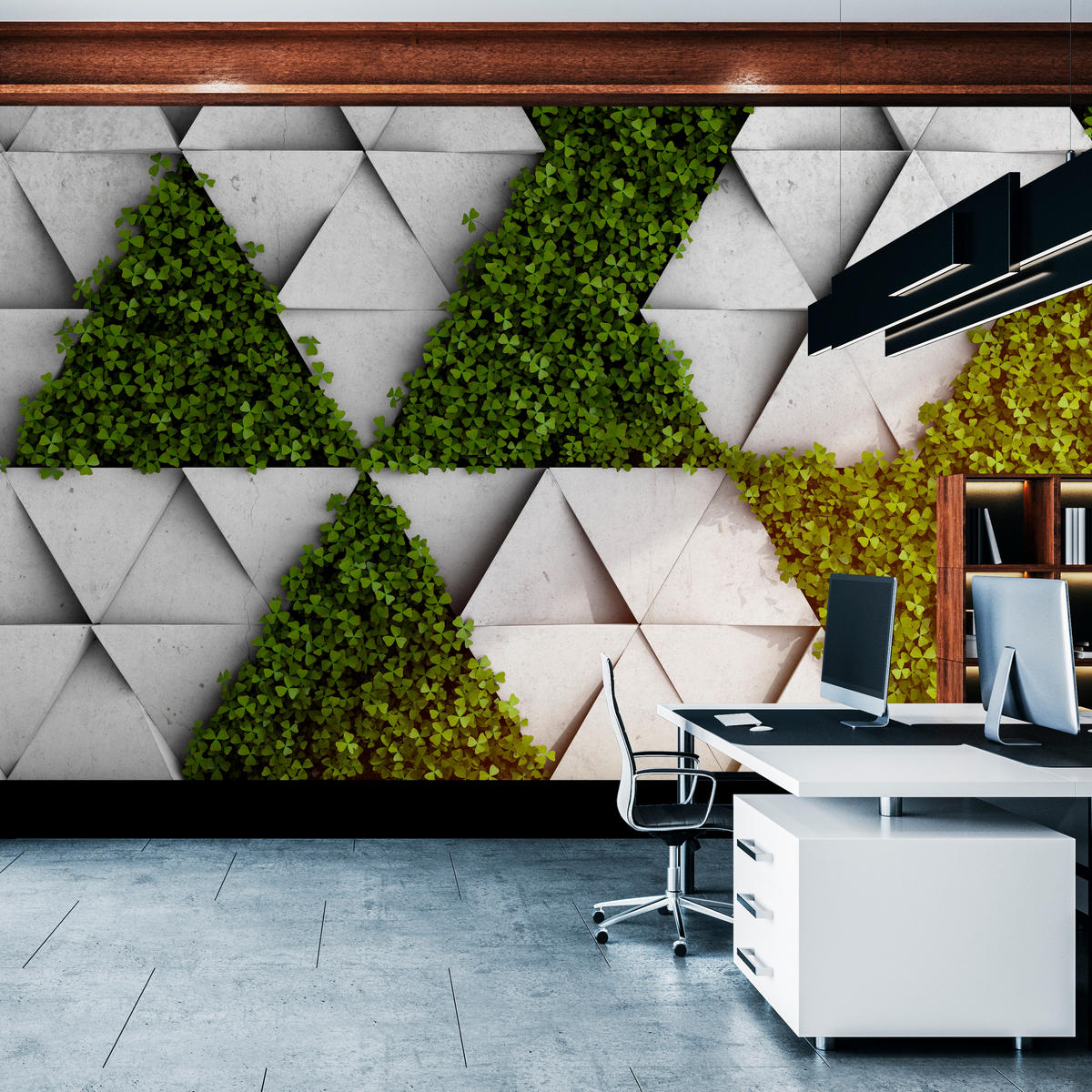 FOTOTAPETE für Wohnzimmer Klee Beton Dreiecke Abstraktion Modern 450x315 - Grau/Grün, Papier (450/315cm) - Muralo