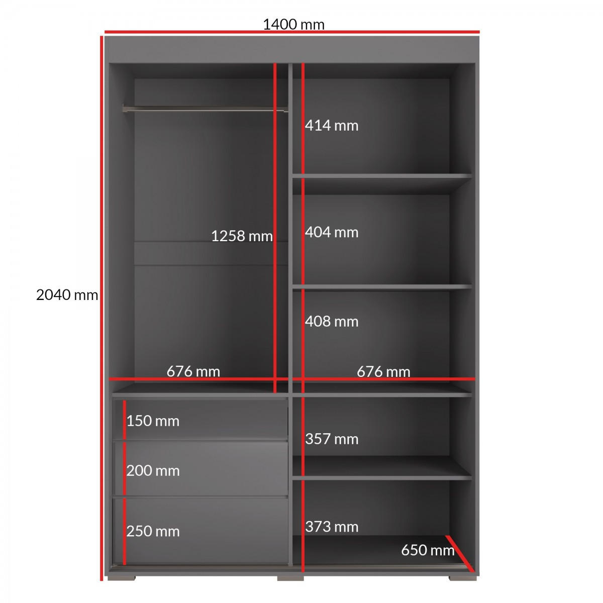 SCHIEBETÜRENSCHRANK mit Schubladen und Spiegel Torino 2D1L 140 Grau (Lacobel) - Silberfarben/Grau, Holzwerkstoff/Metall (140/204/65cm) - mzm24