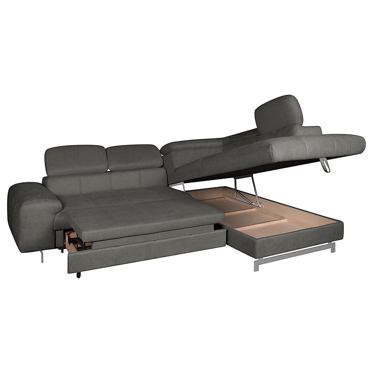 ECKSOFA mit Schlaffunktion - Velours - Dunkelgrau, Textil (262/206cm) - home24