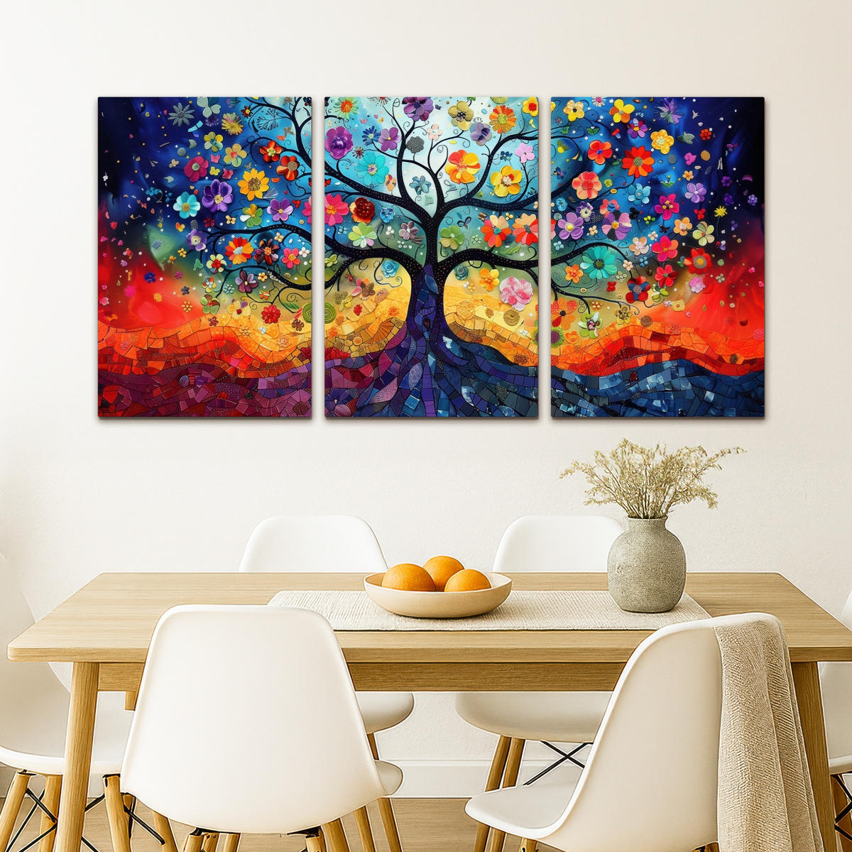 LEINWANDBILD 3er Set Bunt - Baum des Lebens - Blumen - Abstrakt 120x60 cm - Blau, Textil (120/60cm) - MuchoWow