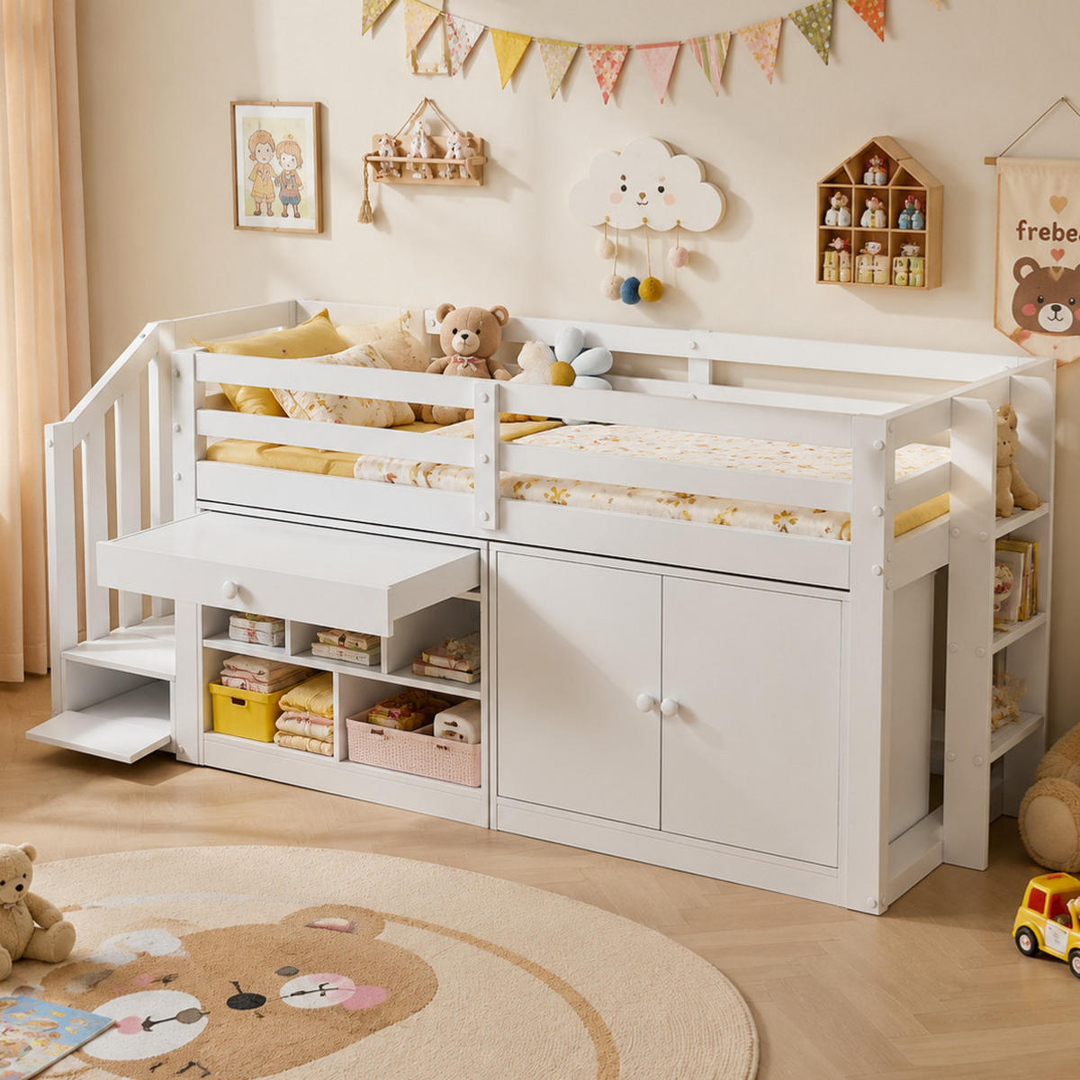 KINDERBETT 90/200 cm in Weiß mit Treppe, Stauraum und Schreibtisch Massivholz - Weiß, Holz/Holzwerkstoff (90/200cm) - CHICFURN