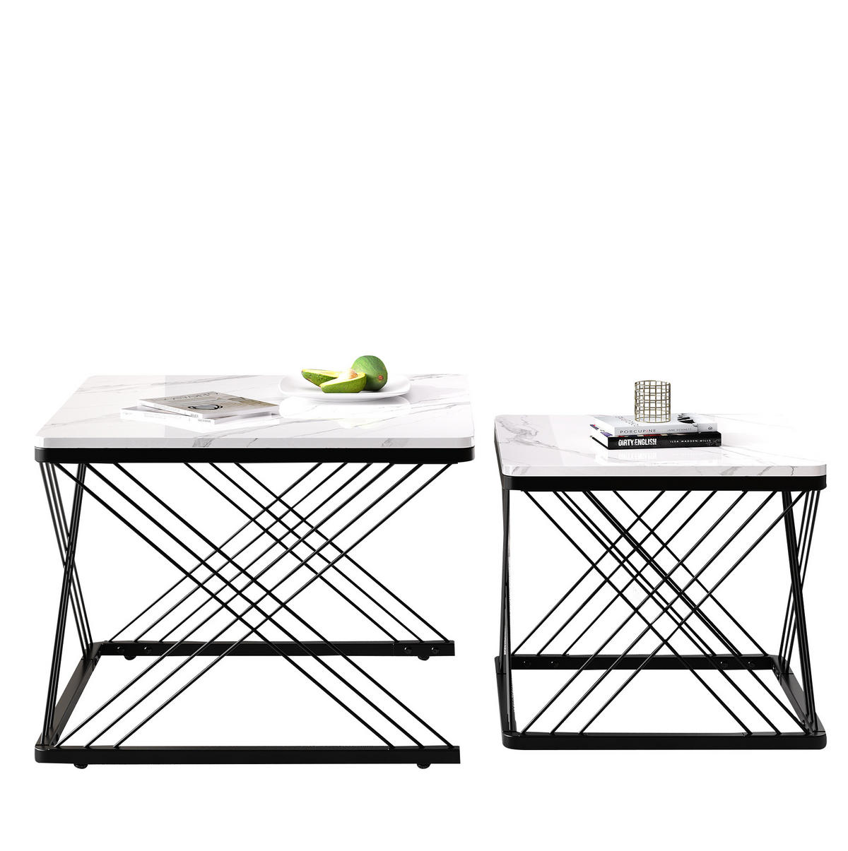 KONFERENČNÝ stolík set 2 ks 60/45 cm MDF, vysoký lesk mramorový dekor, čierny/biely - čierna, kompozitné drevo (60/60/45cm) - Flora Grace