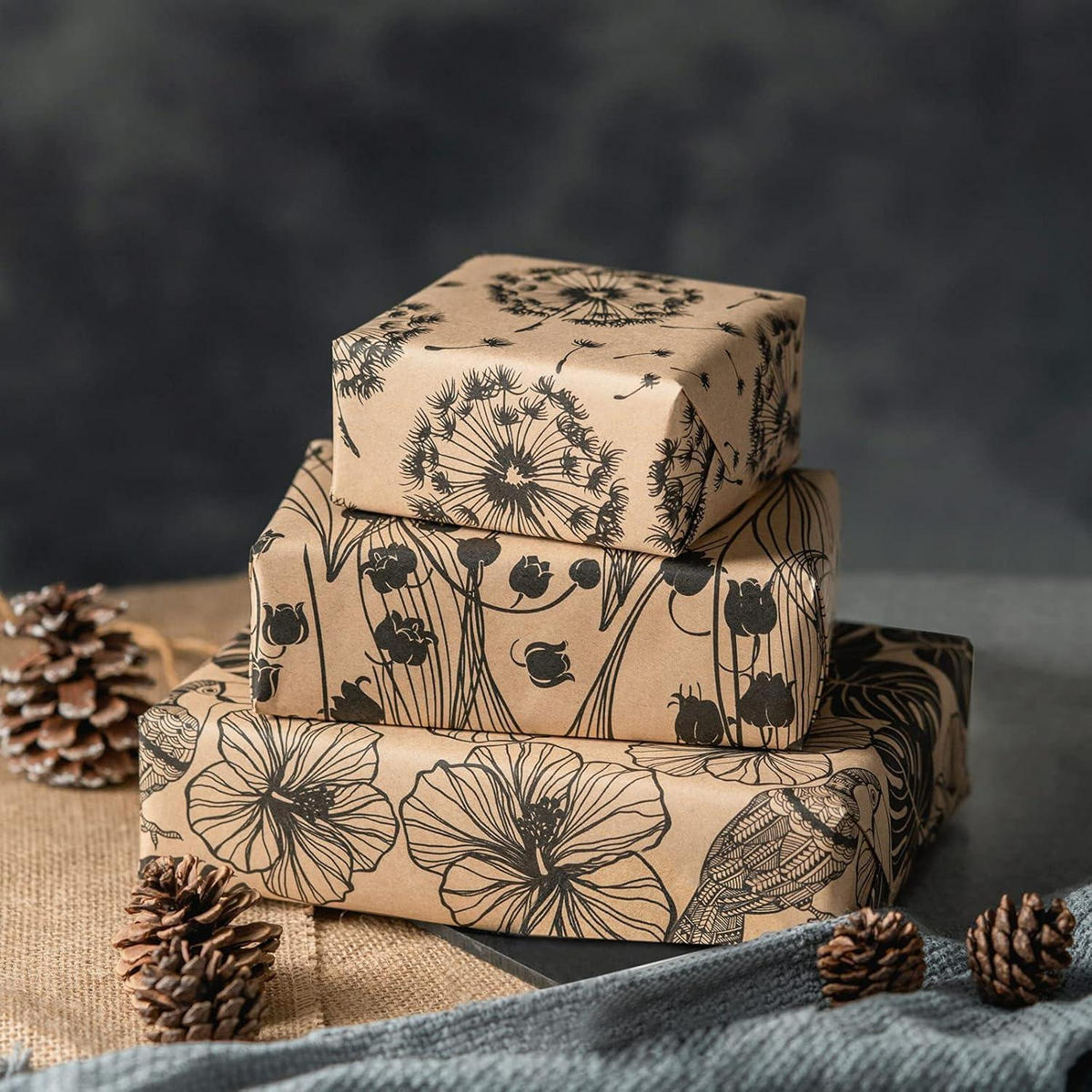 GESCHENKPAPIER 3 Rollen Set Blumen Schwarz 43 cm x 3 m - Multicolor, Papier (43/1/300cm)