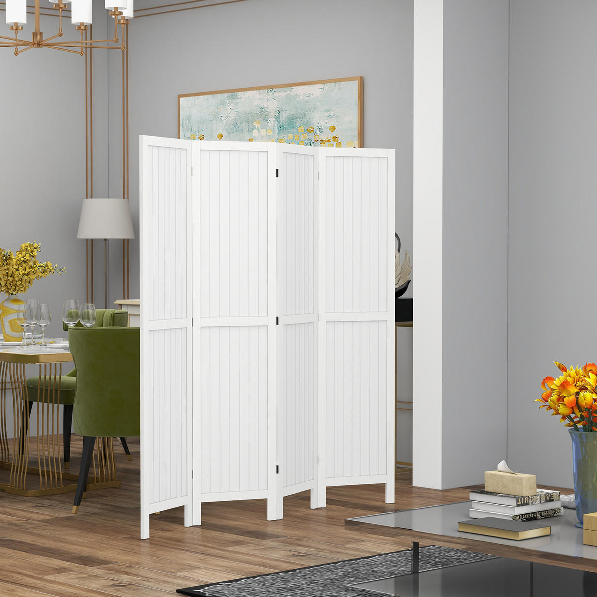 PARAVENT DE-14252 4-teilig, klappbar, 160x170 cm Weiß - Weiß, Holz (160/170/1.8cm) - ComfortXL