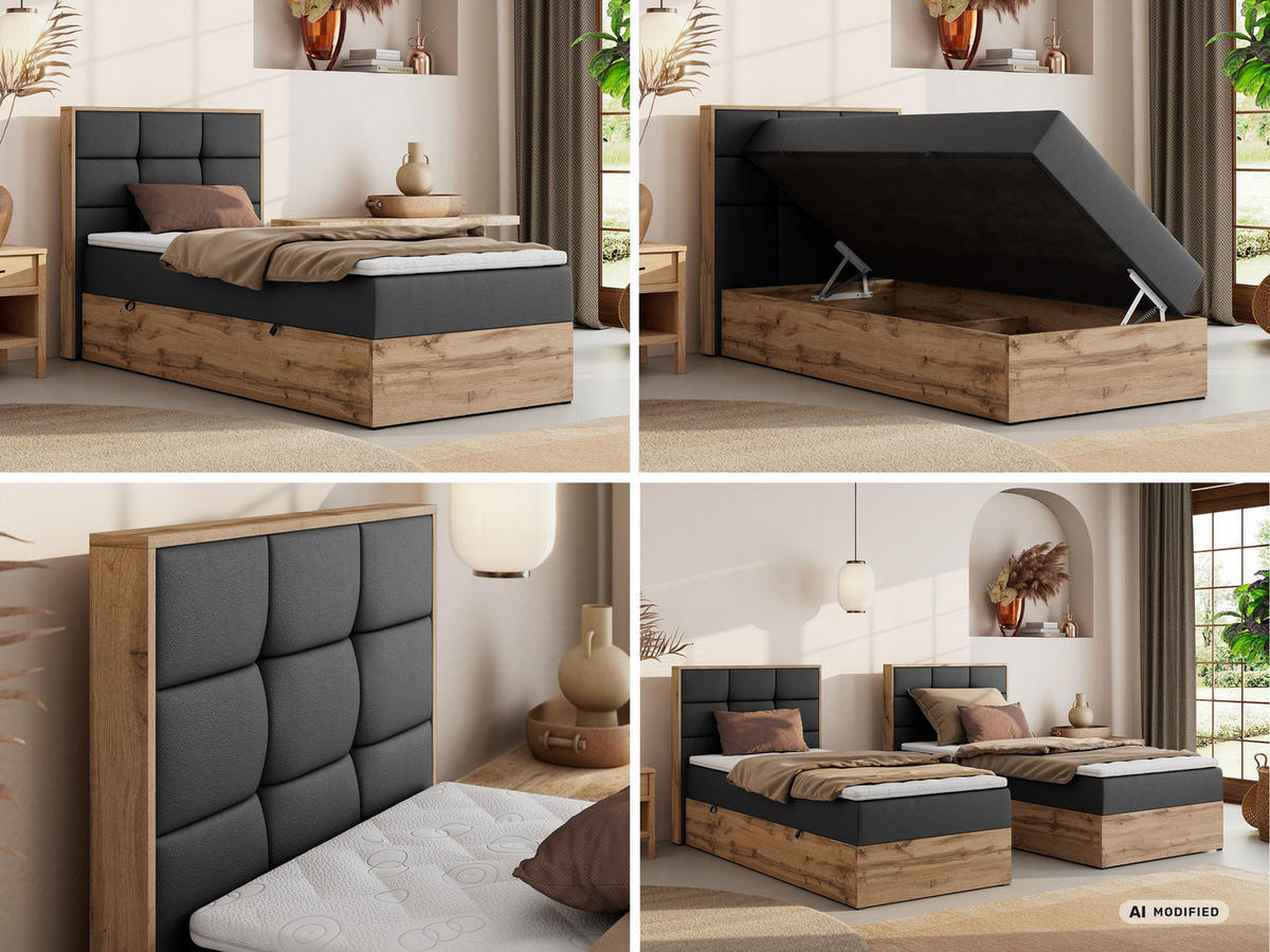 BOXBETT ALBERO 1 90/200 - Dunkelgrau Kunstleder - Topper T25 - H3 - Links - Dunkelgrau/Anthrazit, Kunststoff/Textil (90/200cm) - MKS