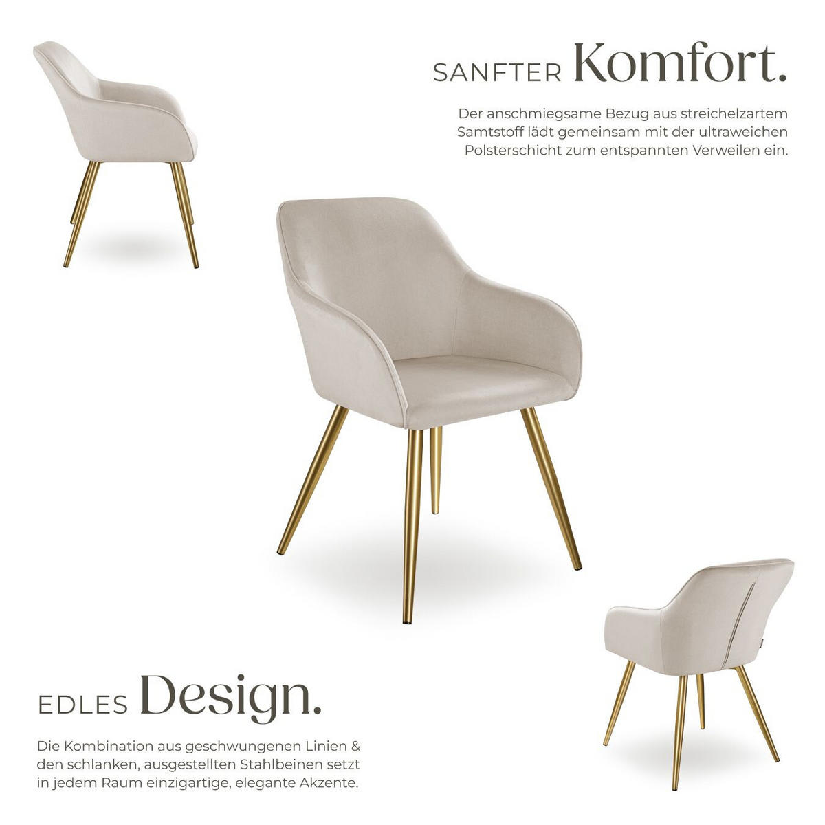 ESSZIMMERSTUHL Marilyn,58 x 62 x 82 cm,taupe/gold - Taupe/Goldfarben, Textil (58/82/62cm) - tectake