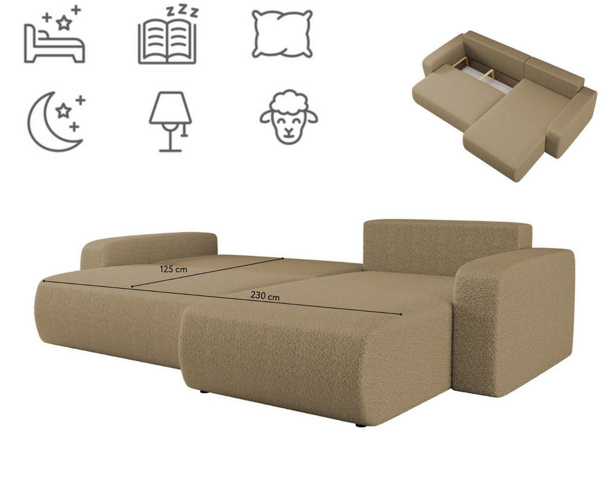 SCHLAFSOFA MILANO XL Und Bettkasten Stoff Quelle Hellbraun Rechts - Hellbraun, Holz (274/82/145cm) - Kaiser Möbel