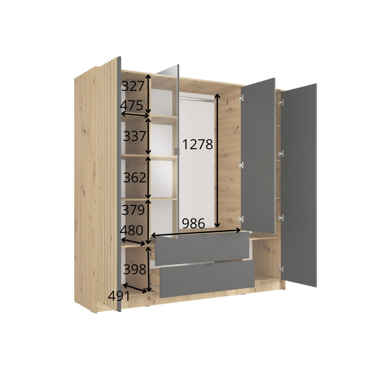KLEIDERSCHRANK KAVORA 20 - 200×200,5×54,5 cm mit 4 Türen & 2 Schubladen Artisan Eiche - Eiche Artisan, Holzwerkstoff (200/200.5/54.5cm) - Milaros Markt
